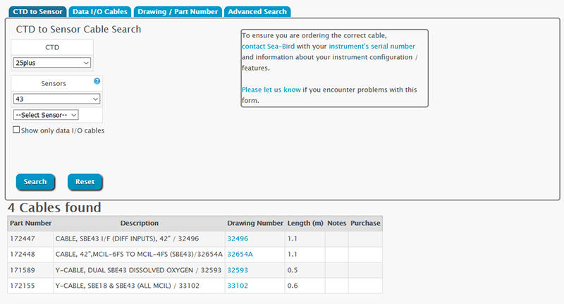 The Sea-Bird Scientific Cable Search tool, searching by application