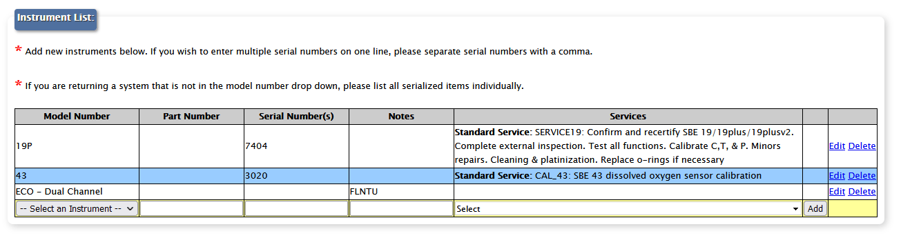 List of instruments to be serviced at Sea-Bird Scientific, and the requested services.