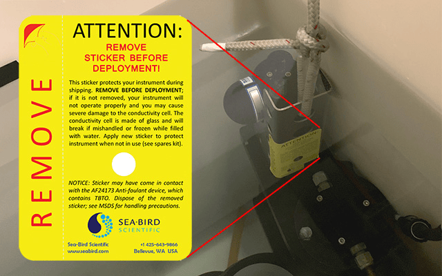 Sticker on the flow path of an oceanographic sensor to prevent anti-foulant chemicals from escaping