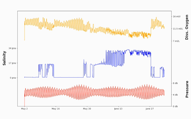 Erratic data from a moored CTD. Animated to show a few days of a long time-series.