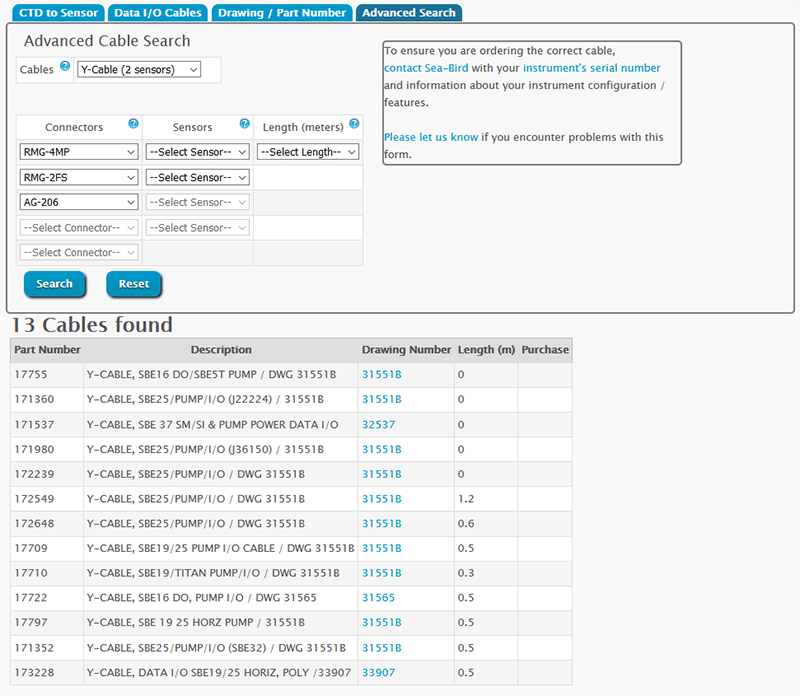 The Sea-Bird Scientific Cable Search Tool searching by connector type