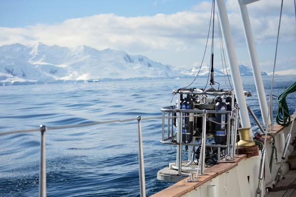 A CTD carousel deployed in Gerlache Strait, Antarctica