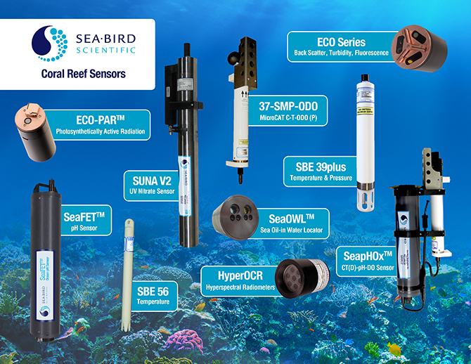 A graphic showing an array of coral reef monitoring sensors