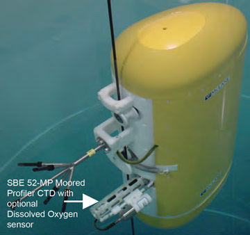 Sea-Bird Scientific SBE 52-MP CTD integrated with a crawler; crawls down and up beneath a buoy, or up and down from a bottom-mounted platform.