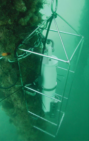 Sea-Bird Scientific SBE 16plus SeaCAT mounted on a pier under the ocean.