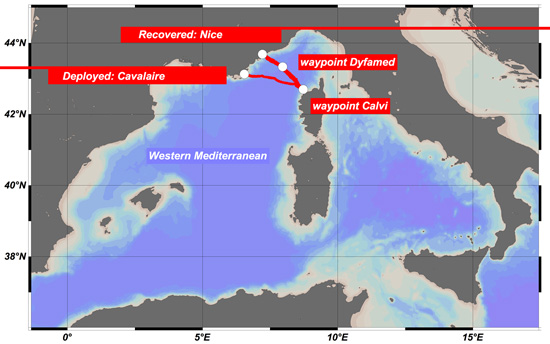 Map of the SeaExplorer's voyage in the Western Mediterranean Sea in 2013