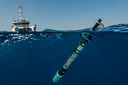 Sea-Bird Scientific Navis Profiling Float deployed in the ocean by a research vessel