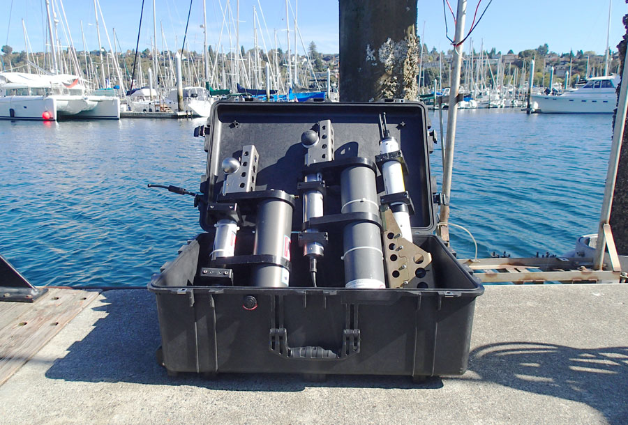 Oceanographic moored pH sensors in a case before deployment.